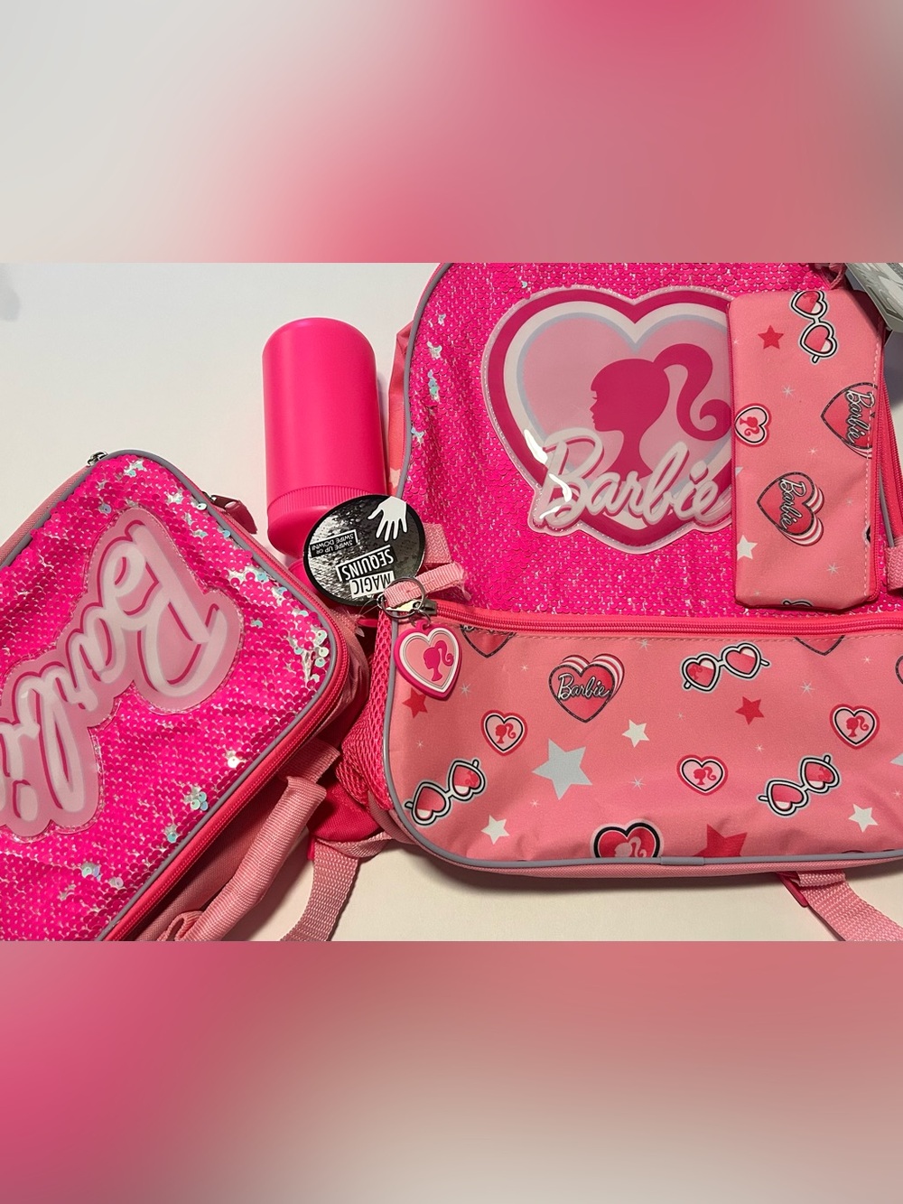 Barbie Pink Kids 5 piece Backpack with lunchbox, and water bottle NWT - Picture 2 of 12